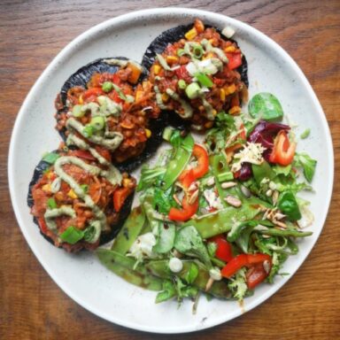 Stuffed Mushrooms with Parsley Pesto and Salad Gluten Free Essence Yoga Retreats